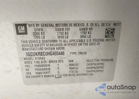 2017 Chevrolet Silverado 1500 2Lt из США, поврежденный, VIN 3GCUKREC0HG490448